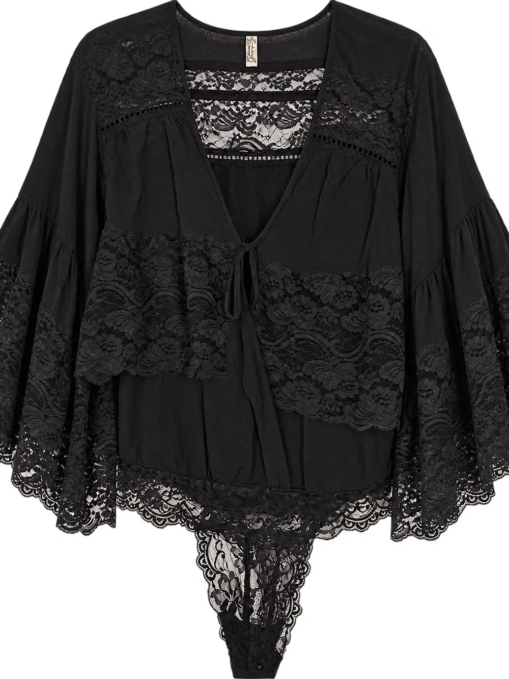 Free People Tiers Not Tears Black Lace Wide Sleeve Bodysuit NWOT Size S